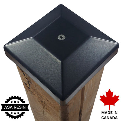 4x4 post cap in a black color, shown on a wooden post against a white background, with 'ASA RESIN' and 'MADE IN CANADA' badges in the corners.