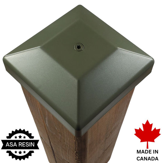 4x4 post cap in an olive green color, shown on a wooden post against a white background, with 'ASA RESIN' and 'MADE IN CANADA' badges in the corners.