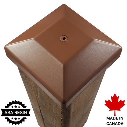 4x4 post cap in a red color, shown on a wooden post against a white background, with 'ASA RESIN' and 'MADE IN CANADA' badges in the corners.