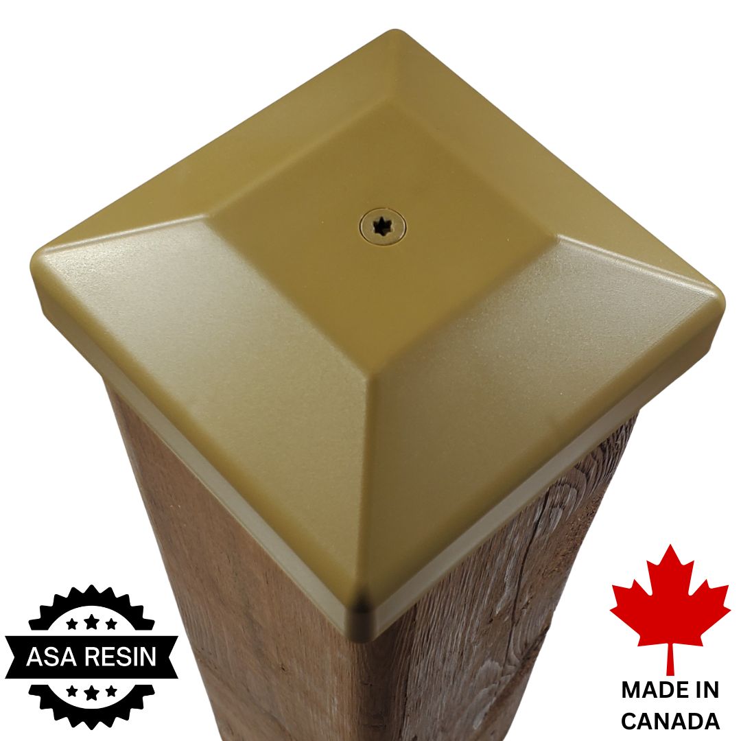 4x4 post cap in a tan color, shown on a wooden post against a white background, with 'ASA RESIN' and 'MADE IN CANADA' badges in the corners.