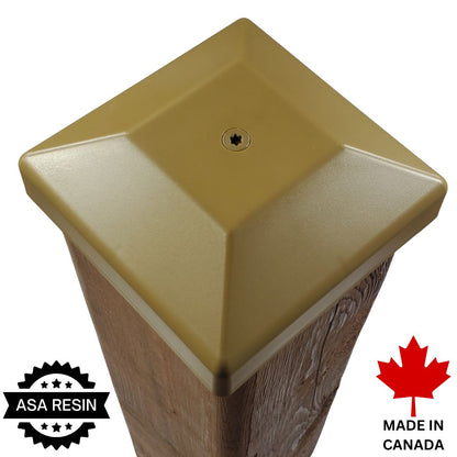 4x4 post cap in a tan color, shown on a wooden post against a white background, with 'ASA RESIN' and 'MADE IN CANADA' badges in the corners.