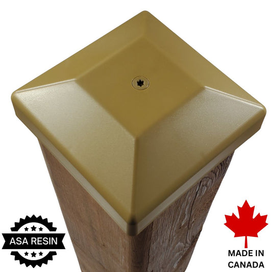 4x4 post cap in a tan color, shown on a wooden post against a white background, with 'ASA RESIN' and 'MADE IN CANADA' badges in the corners.